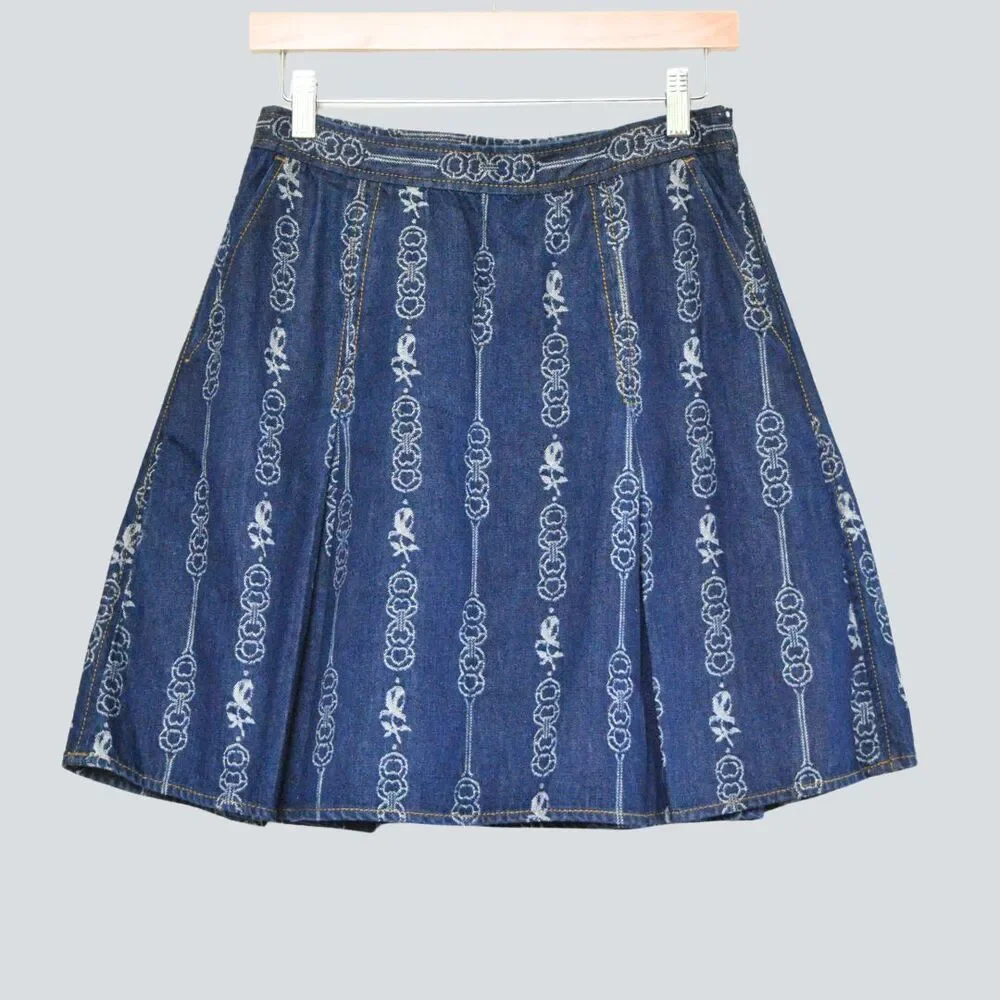 TORY BURCH Gemini Link Bloom Jacquard Denim Mini Pleated Skirt Size 6